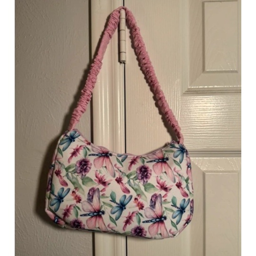Garden Inspired Shoulder Bag Small White Pink Dragonfly Floral Print Clutch